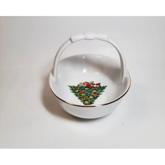Christmas Basket Jamestown China Treasure Porcelain Handled Gold Trim - Picture 4 of 8